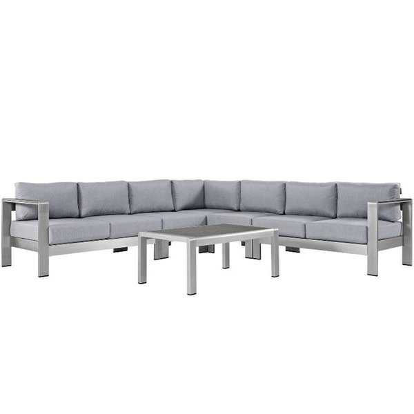 Modway Shore Outdoor Patio Aluminum Sectional Sofa Set, Silver and Gray - 6 Piece EEI-2561-SLV-GRY